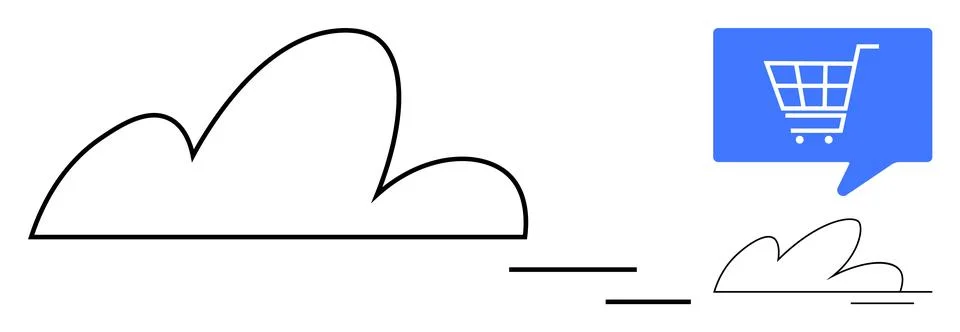 Cloud with connected line to smaller cloud and shopping cart inside blue spee Stock Illustration
