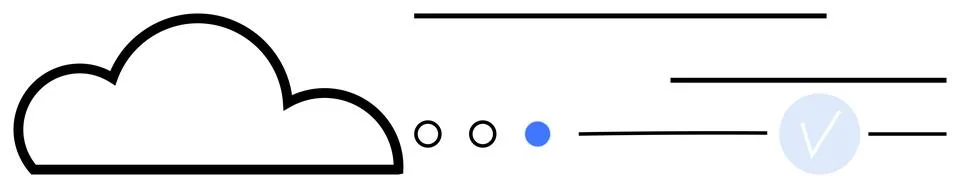 Cloud connected to lines with dots and checkmark, representing data transfer, Stock Illustration