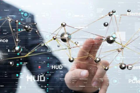 A cloud connected to many objects on a virtual screen. Stock Photos