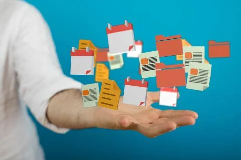 A cloud connected to many objects on a virtual screen. Stock Photos