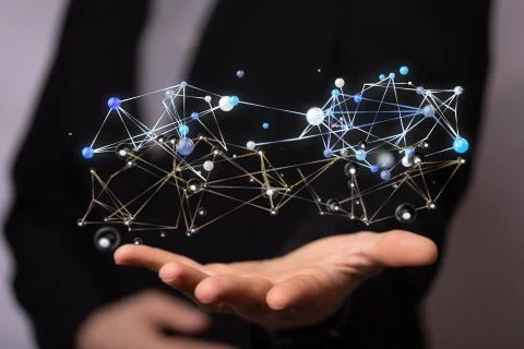 A cloud connected to many objects on a virtual screen. Stock Photos