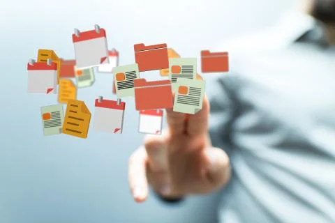 A cloud connected to many objects on a virtual screen. Stock Photos