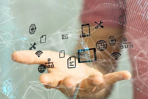 Cloud connected to many objects on a virtual screen floating over woman's palm Stock Photos