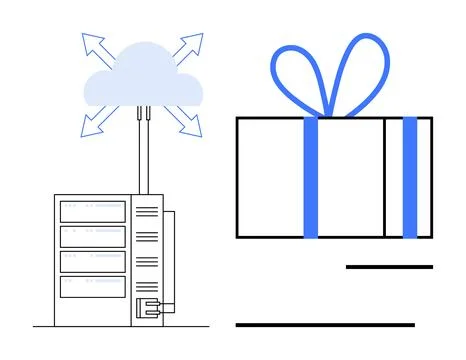 Cloud connected to a server with three arrows showing data flow, next to a gi 스톡 일러스트