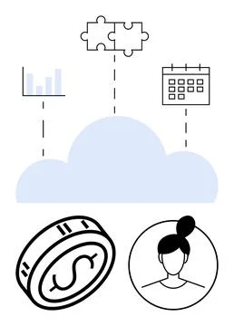 Cloud connecting puzzle piece, calendar, graph, coin, and avatar headshot. Id Stock Illustration