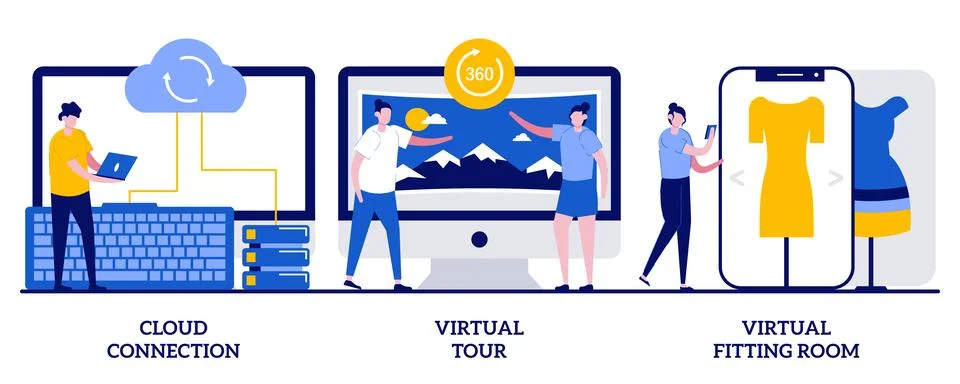 Cloud connection, virtual tour, virtual fitting room concept with tiny peop.. Stock Illustration