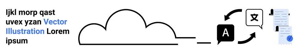 Cloud connectivity with documents, language translation icons, and arrows cir Stock Illustration