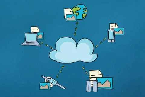 Cloud connectivity stylized illustration is showing cloud linking devices and Foto stock