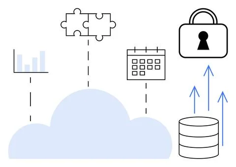 Cloud connects to bar chart, puzzle pieces, calendar, padlock, and database.  Stock Illustration