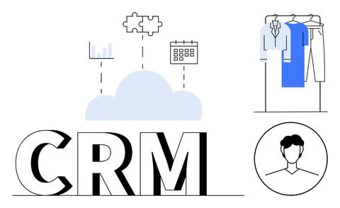 Cloud connects CRM, analytics, puzzle pieces, calendar, clothing rack, and ma 스톡 일러스트