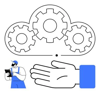 Cloud containing gears above extended hand and worker holding tablet symboliz Illustrazione stock
