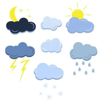 Cloud with crescent, sun, rain, snowflake Stock Illustration