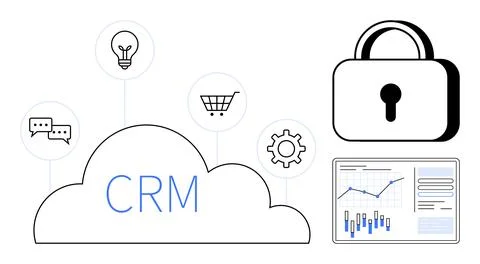 Cloud CRM with Security Lock, Analytics, Shopping Cart, Lightbulb, Chat, an.. Stock Illustration