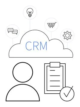 Cloud with CRM text, user silhouette, checklist with a checkmark, and icons f Illustrazione stock