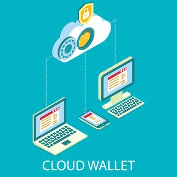 Cloud cryptocurrency wallet, vector isometric illustration. Digital money Stock Illustration
