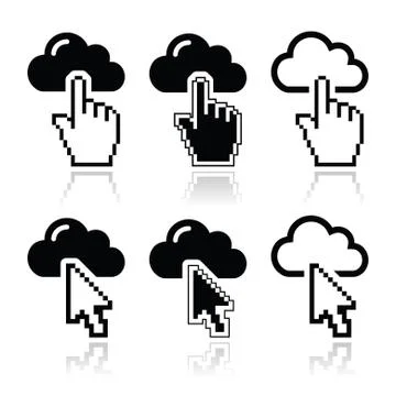 Cloud with cursor hand and arrow icons set Stock Illustration