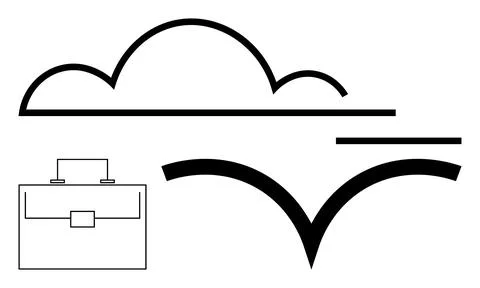 Cloud, curved bird wings, and briefcase in black lines emphasize work, travel Illustrazione stock