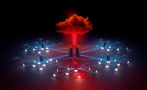 Cloud cybersecurity, compromised network infrastructure concept. Digital 3D.. Stock Illustration