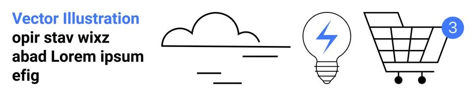 Cloud with dash lines, light bulb with lightning bolt, shopping cart with pro Illustrazione stock