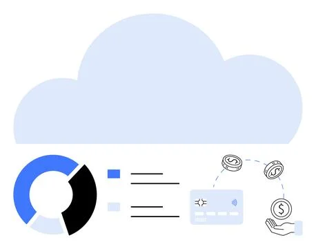 Cloud Data Analytics and Financial Transactions with Pie Chart and Currency Flow 스톡 일러스트