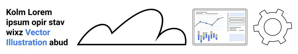 Cloud, data analytics dashboard with graphs, and a gear symbolize technology, Illustrazione stock