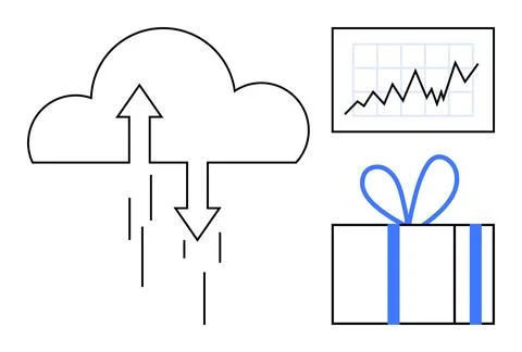 Cloud with data arrows pointing up and down, a gift box with a ribbon, a busi Stock Illustration