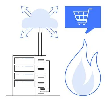 Cloud Data Backup and Online Shopping Security Against Fire Disasters Stock Illustration