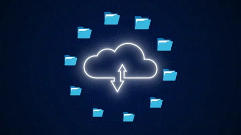 Cloud data backup with folders and binary code digital storage process Stockbeeldmateriaal 348261602