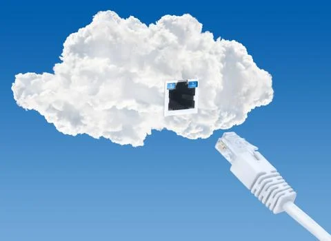 Cloud data base concept. client device connecting with lan cable Foto stock