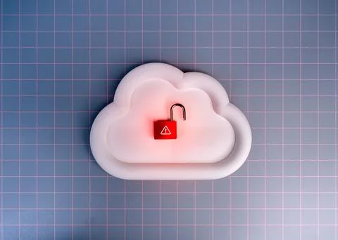 Cloud data breach concept with red unlocked padlock with warning symbol on .. Stock Photos