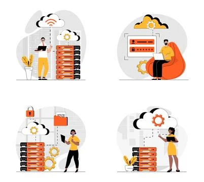 Cloud data center concept with character set. Collection of scenes people w.. Illustrazione stock