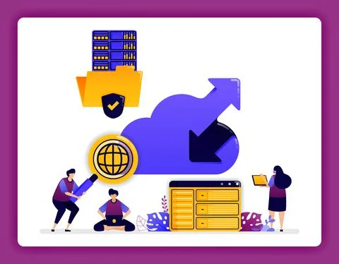 Cloud data center illustration. access folder for cloud users. up arrow down  Stock Illustration