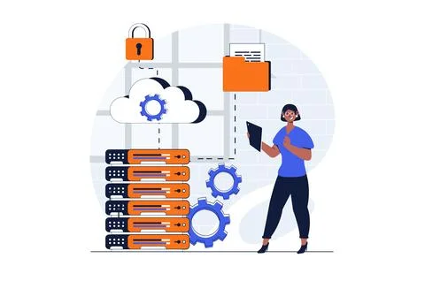 Cloud data center web concept with character scene. Woman working in hardware Stock Illustration