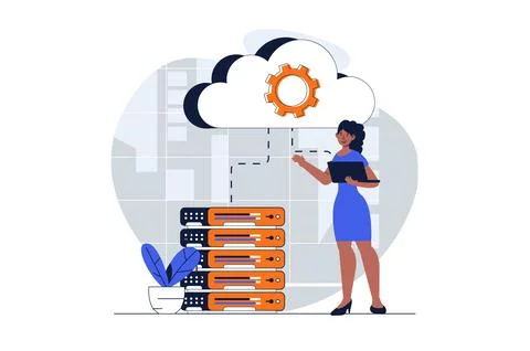 Cloud data center web concept with character scene. Woman working with cloud  Stockillustratie