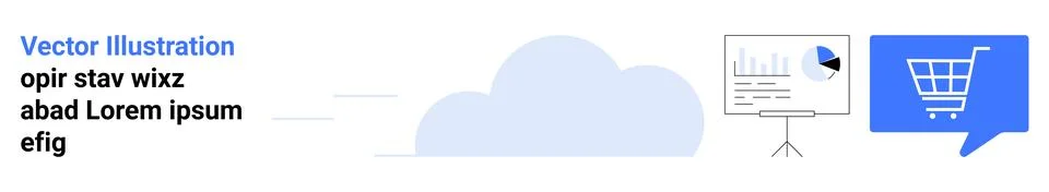 Cloud, data charts on presentation board, shopping cart icon in blue speech b Stock Illustration