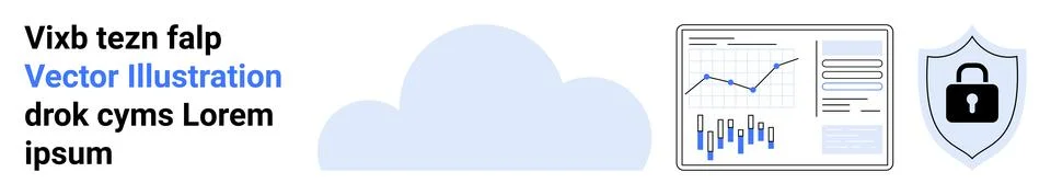 Cloud, data charts, shield with lock, text. Ideal for cloud computing, data a Illustrazione stock