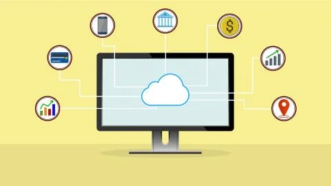 Cloud data computing, Business cloud marketing, Digital marketing technology. Stock Illustration