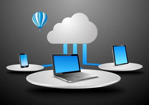 Cloud data concept in virtual space. notebook, touchscreen phone, touch pad Illustrazione stock