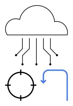 Cloud with data connections extending below, target symbol, and blue arrow fo 库存插图