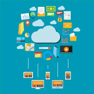 Cloud data &amp; data storage. Devices connect to cloud storage. Cloud computing  Stock Illustration