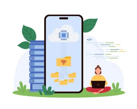 Cloud data download and storage, mobile app, tiny woman downloading folders with イラスト素材