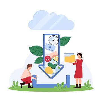 Cloud data download and storage, tiny people hold folders to upload multimedia イラスト素材