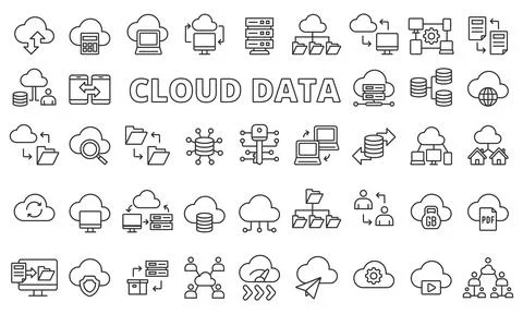 Cloud data icon set in line design. Data, Storage, Upload, Download, Server Stock Illustration