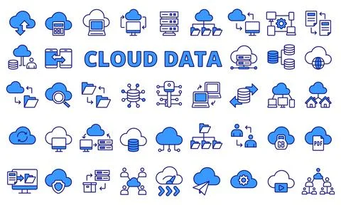 Cloud data icon set in line design blue. Data, Storage, Upload, Download, Server Stock Illustration