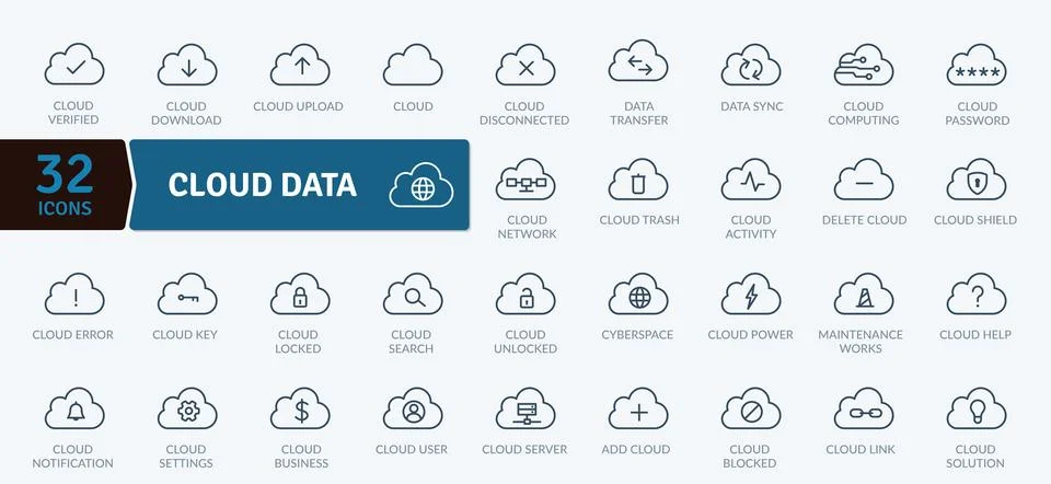 Cloud Data Icons: Digital Storage and Network Services Stock Illustration