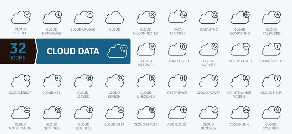 Cloud Data Icons: Digital Storage and Network Services Illustrazione stock
