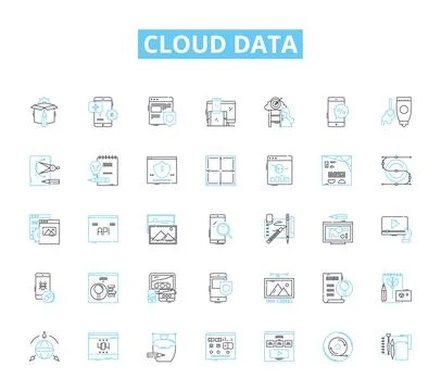 Cloud data linear icons set. Sync, Backup, Security, Accessibility, Scalability Stock Illustration