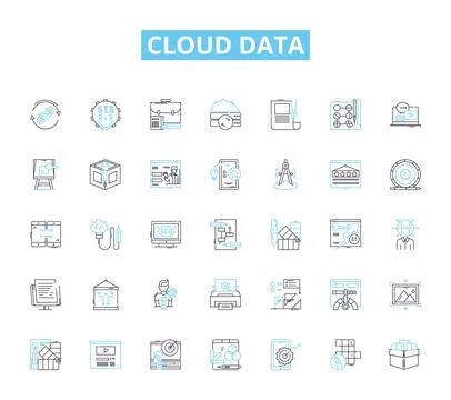 Cloud data linear icons set. Sync, Backup, Security, Accessibility, Scalability Stock Illustration