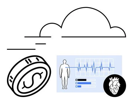 Cloud with data lines, dollar coin, human figure, vital signs monitor, heart  Stock Illustration