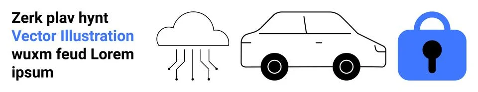 Cloud with data lines, simplistic car, and blue padlock. Ideal for technology Stock Illustration